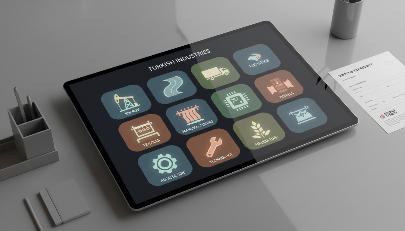 A large, sleek digital dashboard display on a muted grey desk, showcasing a selection of well-defined Turkish industries illustrated as stylized icons, each with polished edges and muted color accents. The screen glows with balanced, neutral-toned illumination from above, creating a soft ambient reflection on the glassy tabletop. Around the monitor, a carefully organized workspace contains minimalist slate organizers and a hint of a branded supply quote form peeking out, reinforcing the business theme. Captured with a slight top-down angle, the shot feels clean, organized, and forward-thinking—perfectly supporting a site designed for seamless corporate product sourcing.