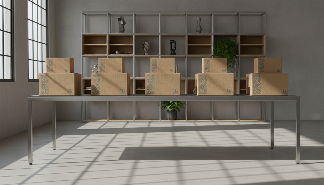 An elegant array of pristine, neatly stacked export shipping boxes, each featuring subtle Turkish design motifs and realistic texture detail. The boxes sit on a refined stainless steel warehouse table with clean, minimal architectural shelving behind them. Cool, diffused daylight shines in from large industrial windows, imparting soft highlights across the boxes while gentle, linear shadows extend across the scattered neutral-toned floor. Captured from an eye-level perspective with perfectly centered, balanced composition, the image embodies a professional, organized, and trustworthy mood. The photographic realism and structured modern aesthetic made for a business-focused product sourcing website.