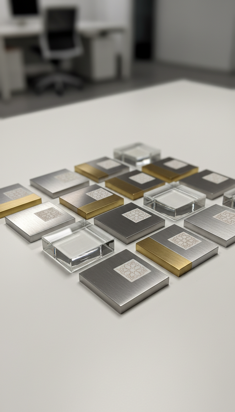 A close-up shot of high-quality brushed metal and clear glass product samples arranged in a precise grid layout on a matte off-white desktop surface. Minimalist Turkish geometric accents can be seen on a few labels, giving a subtle regional touch without overpowering the composition. Studio lighting above casts crisp, even illumination, adding gentle sheen and revealing the detail of each material. The mood is impressively clean, corporate, and efficient, with a visually structured look. The shallow depth of field softly blurs the background, ensuring each item is showcased for maximum clarity and authenticity, reflecting confidence in Turkish manufacturing.