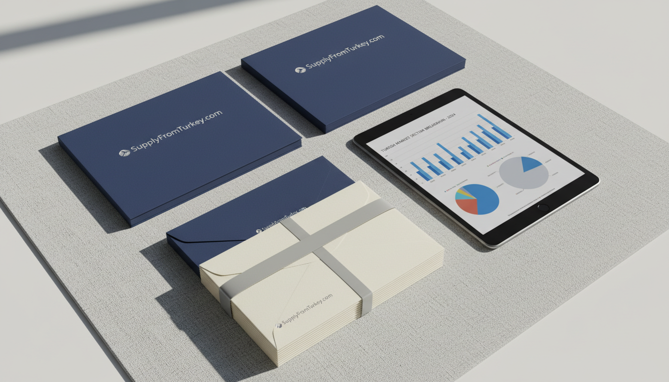 A precisely arranged bundle of branded quote request envelopes and business folders with crisp embossed SuppyFromTurkey.com logos, resting on a textured linen desk mat. A slim metallic tablet displays a detailed Turkish market sector chart beside them. The scene is illuminated by strong overhead daylight, producing soft, elegant shadows while emphasizing the clean lines of every item. Photographed from a slightly elevated angle, the layout is structured and harmonious, exuding a poised, trustworthy, and professional business atmosphere. The style remains photographic with an ultra-clean, corporate aesthetic ideal for a sourcing platform interface.