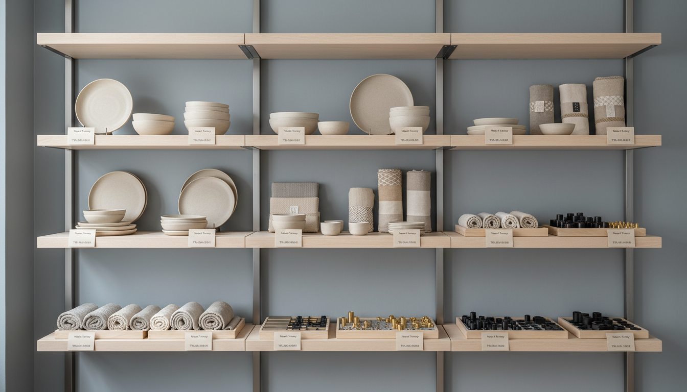 An immaculate shelving unit built from smooth, pale wood and brushed steel, filled with an assortment of refined Turkish products: neutral-toned ceramics, textile samples, and metal components, each methodically labeled with minimalist tags. The shelving stands against a cool, dove-grey wall, lit by soft overcast window light from the left, resulting in a gentle play of subtle shadows and highlights. The balanced composition highlights both structure and variety, conveying an air of professionalism, quality, and reliability. The mood is calm and composed, suited to a high-end business platform oriented toward corporate buyers.
