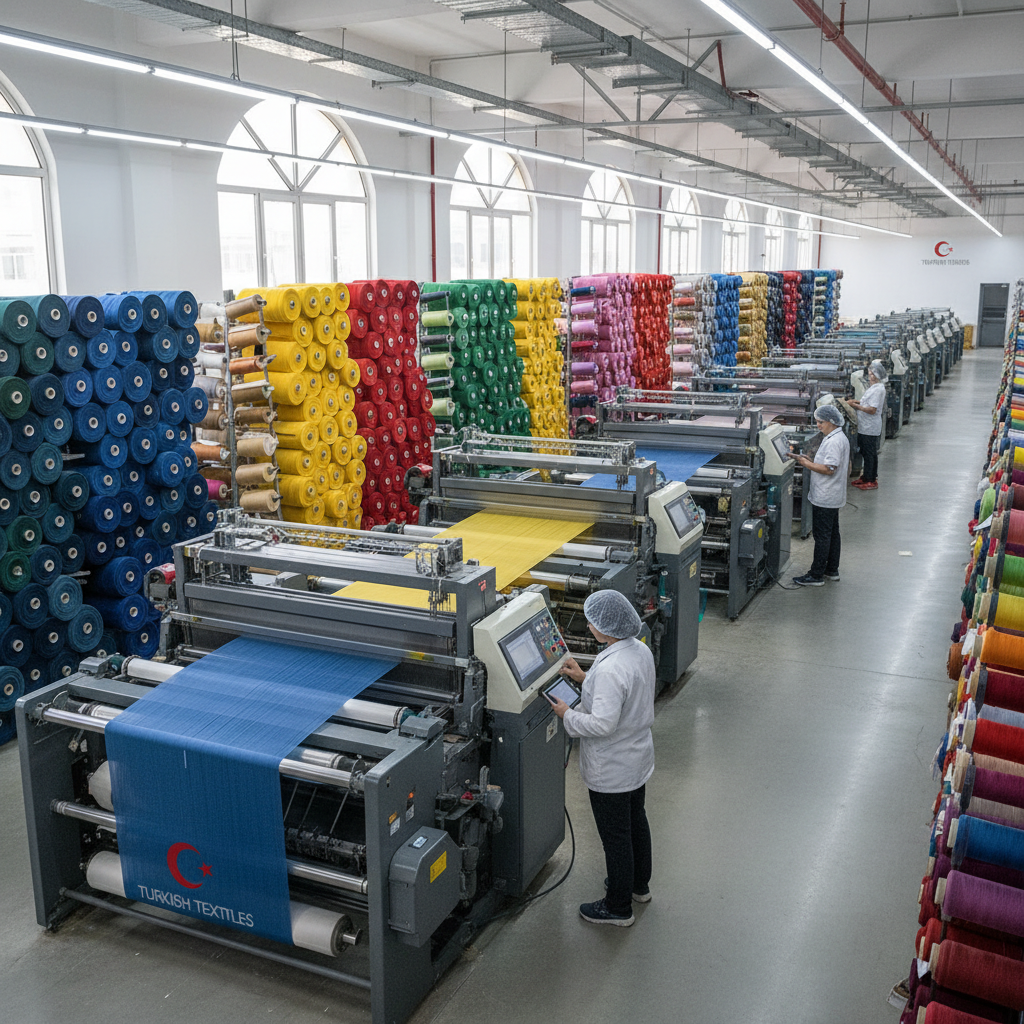 High-end Turkish textile manufacturing scene: neatly stacked colorful fabric bolts, spools of thread, and modern weaving machines in a bright, organized factory environment, corporate and clean style