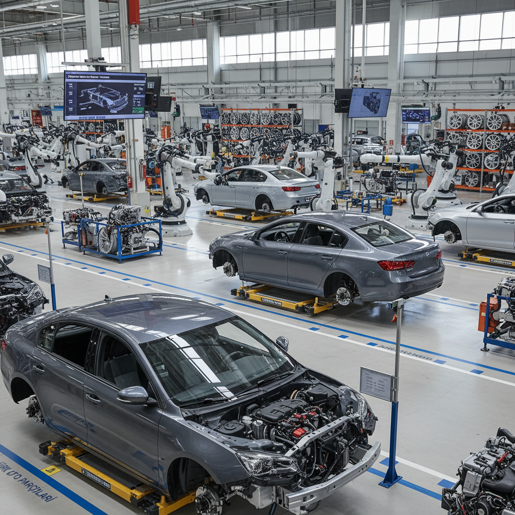 Modern Turkish automotive manufacturing: a bright, organized car assembly plant with robotic arms working on sleek sedans, close-up of chassis and auto parts, clean corporate look, neutral colors, no people, wide shot