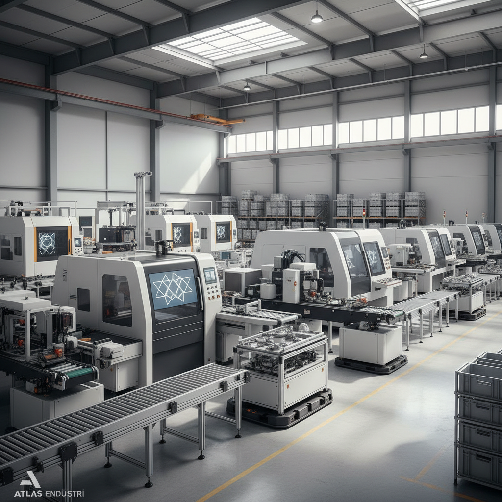 Clean, corporate image of modern industrial machinery and equipment in a bright, organized Turkish factory, with neutral colors and no people