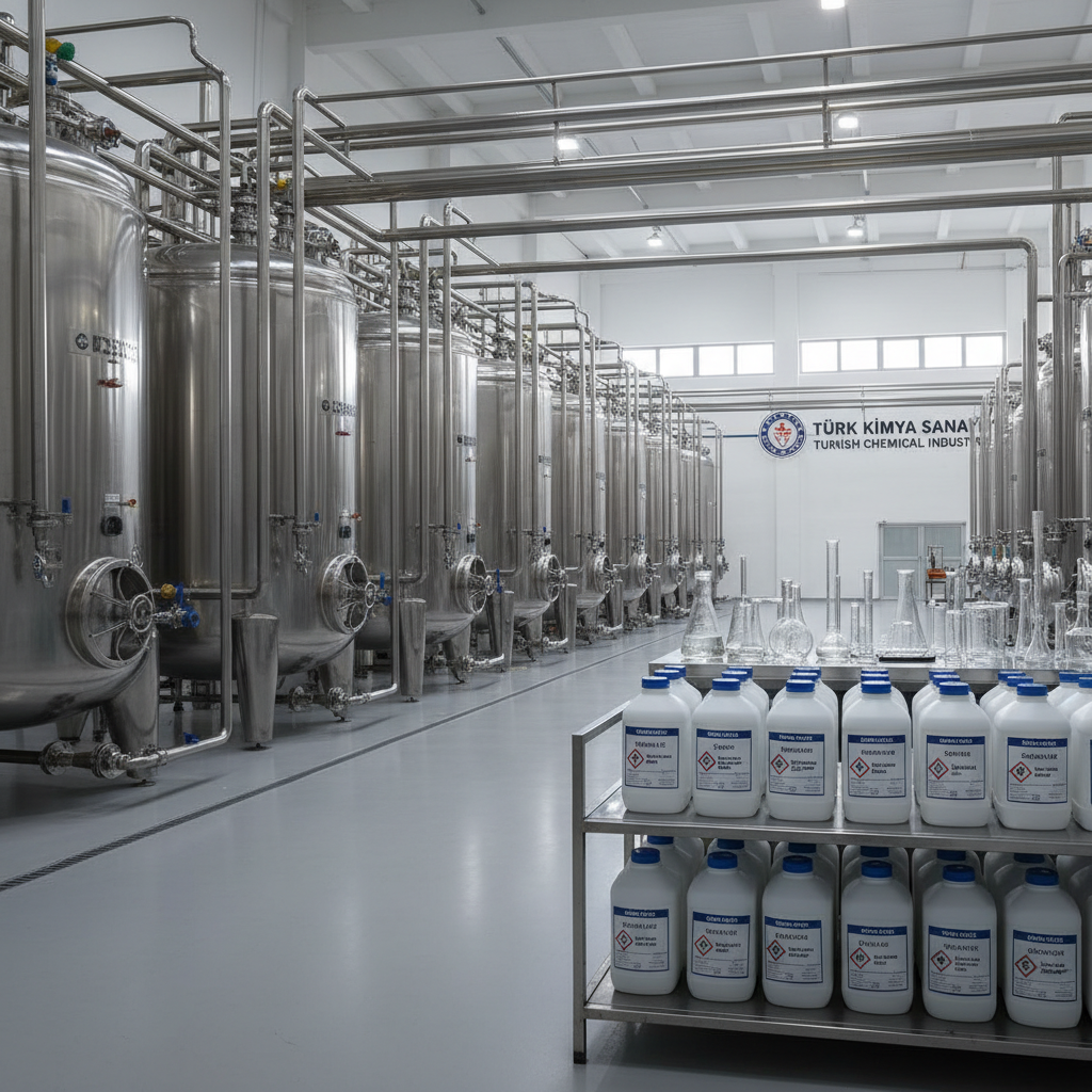 Clean, corporate image of Turkish chemical industry: rows of large stainless-steel chemical storage tanks and pipes, plus close-up racks of labeled chemical containers and lab glassware, in a bright, organized industrial facility, neutral colors, no people