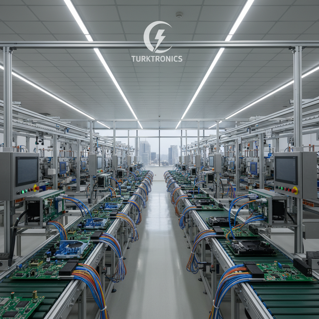 Clean, corporate image of Turkish electrical and electronics manufacturing: organized assembly lines with circuit boards, cables, control panels, and testing equipment in a bright, modern factory environment, neutral colors, no people
