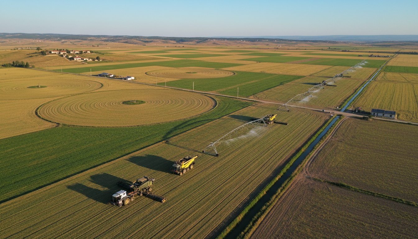 aerial view of Turkish agricultural fields with modern irrigation systems and farm machinery at work