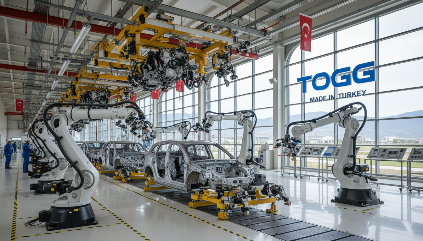 wide interior view of a modern Turkish car manufacturing plant with assembly line robots working on vehicles