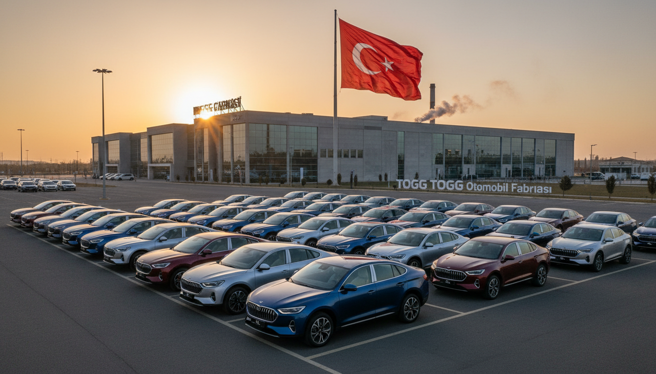 Turkish-made passenger cars lined up outside a factory with the Turkish flag visible in the background