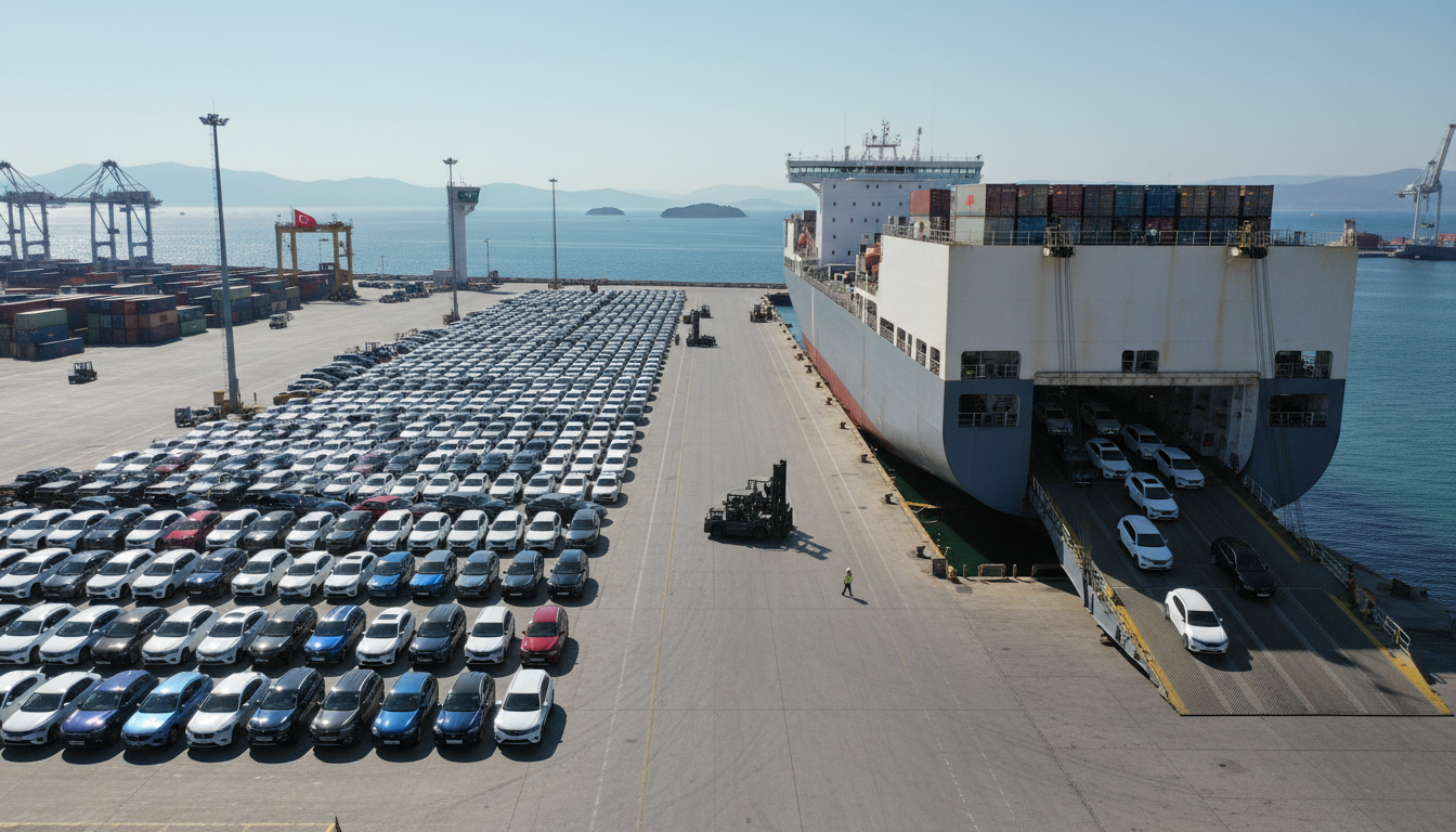 export logistics scene at a Turkish port with rows of new vehicles being loaded onto a roll-on roll-off ship