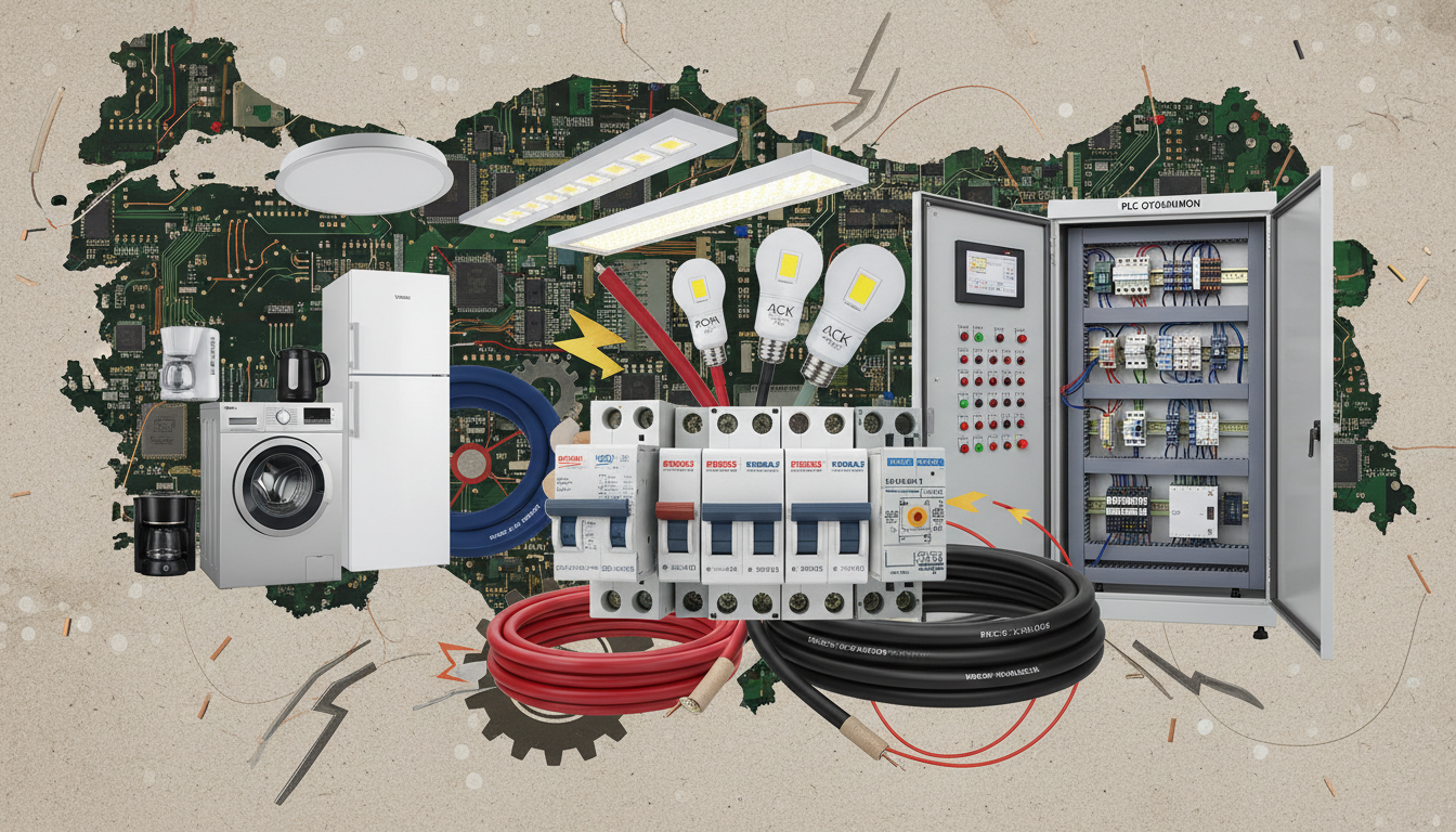collage of electrical and electronic product groups from Turkey including circuit breakers, power cables, household appliances, LED lighting, and industrial control panels