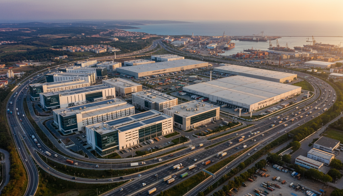 aerial view of an industrial cluster in Turkey with electronics factories, logistics warehouses, and highways connecting to ports, symbolizing regional manufacturing hubs