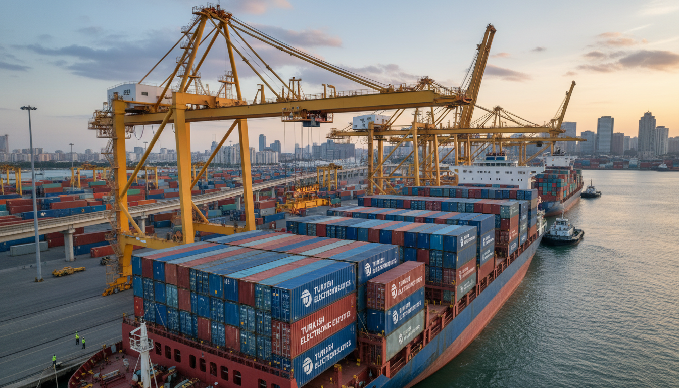 cargo ship being loaded with containers labeled for electronics exports from Turkey, with cranes and port infrastructure in the background