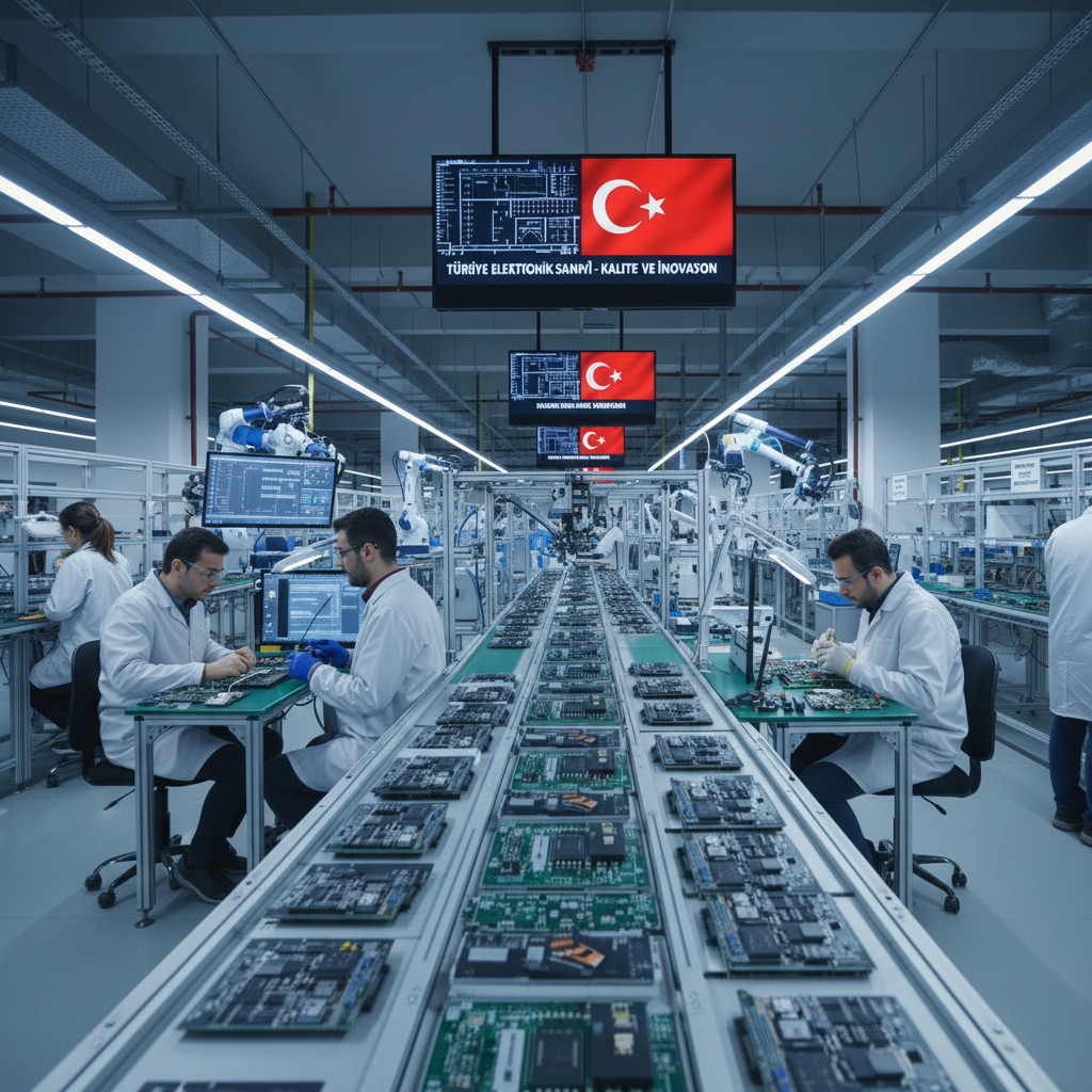 modern electronics manufacturing in Turkey, factory workers assembling electronic devices, vibrant and clean production environment, high-tech, Turkish setting