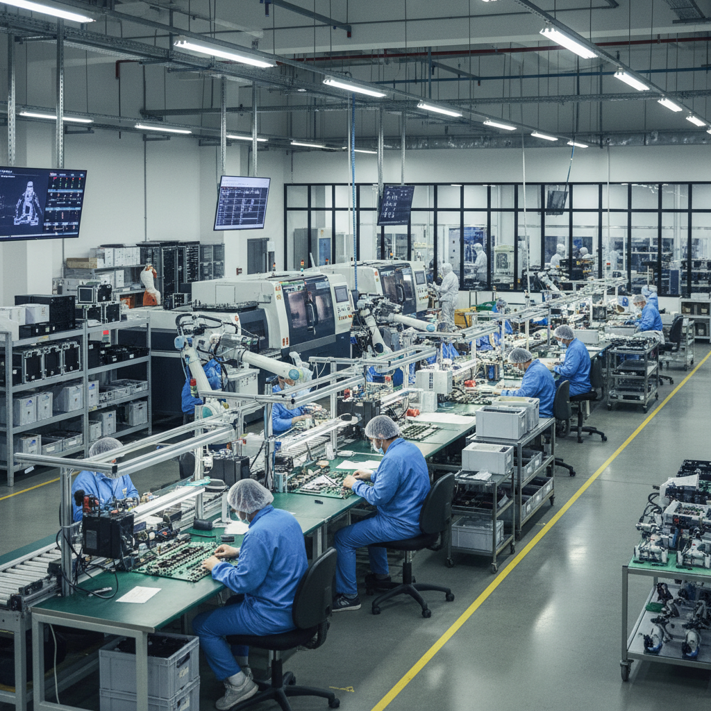 A highly realistic photograph of advanced electronics manufacturing in Turkey, showing real factory workers, modern machinery, and the production environment. The image should avoid artificial or overly stylized AI effects, aiming for a documentary and authentic photographic look.