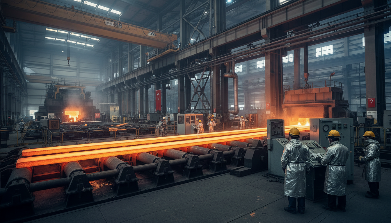 wide shot inside a modern Turkish steel manufacturing plant with molten steel being processed on a production line, workers in safety gear, high-tech equipment