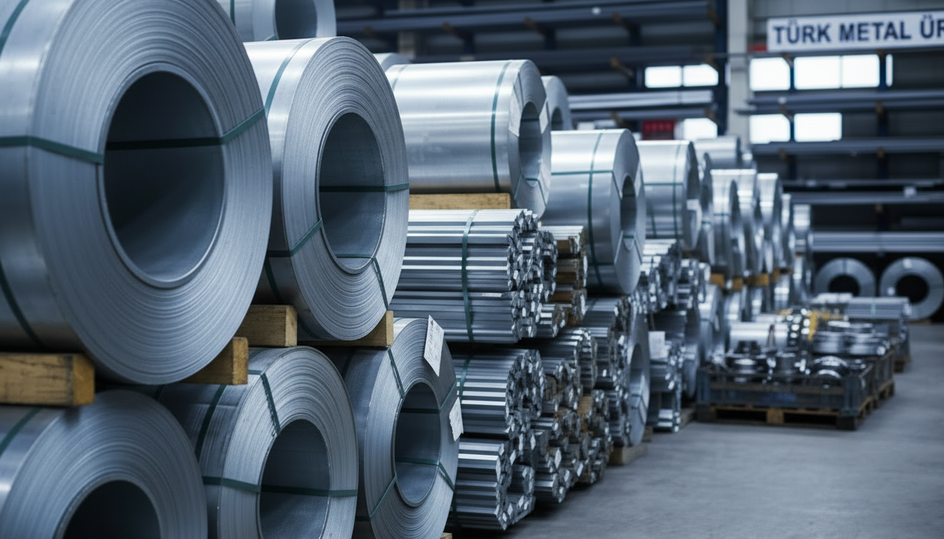 close-up of neatly stacked steel coils, metal bars, and machined components in a Turkish warehouse, representing a diverse steel product range and industrial machinery