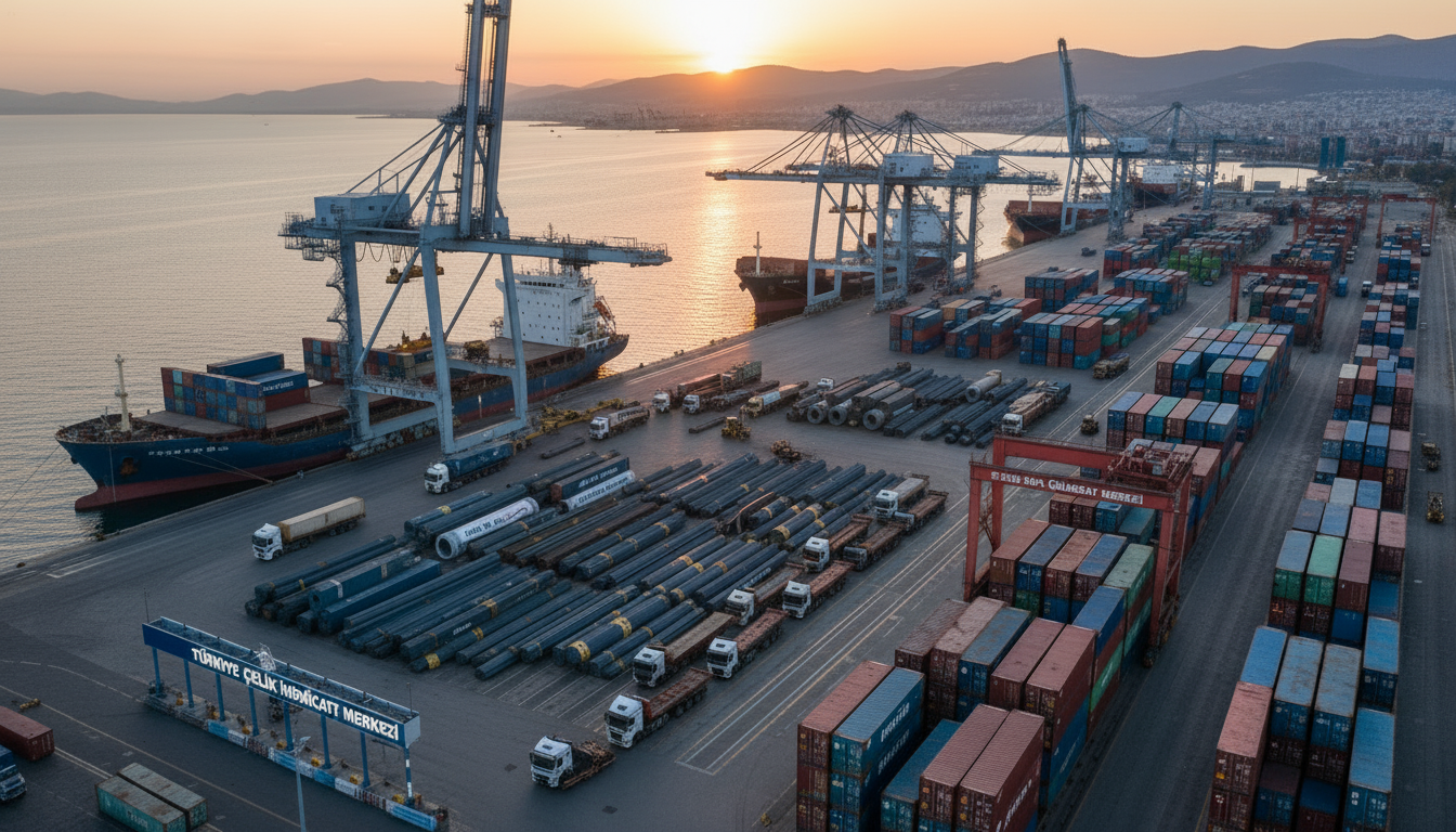 aerial view of containers and trucks loaded with steel products at a Turkish port, cranes and cargo ships ready for export logistics